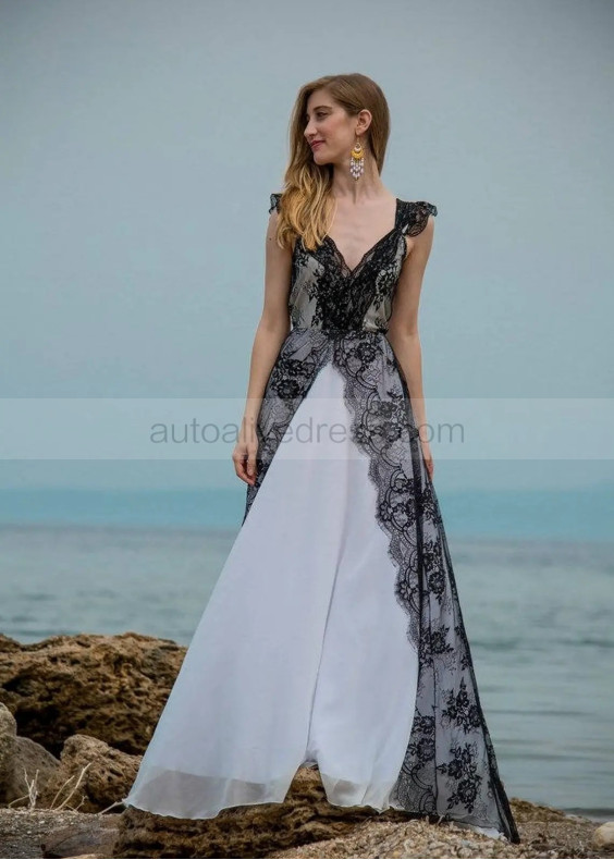 Cap Sleeves Black Lace White Chiffon V Back Wedding Dress